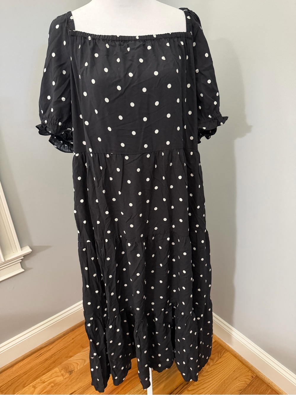 NWT J.Crew Black Polka Dot Midi Dress - Classic Square Neck. Size XL